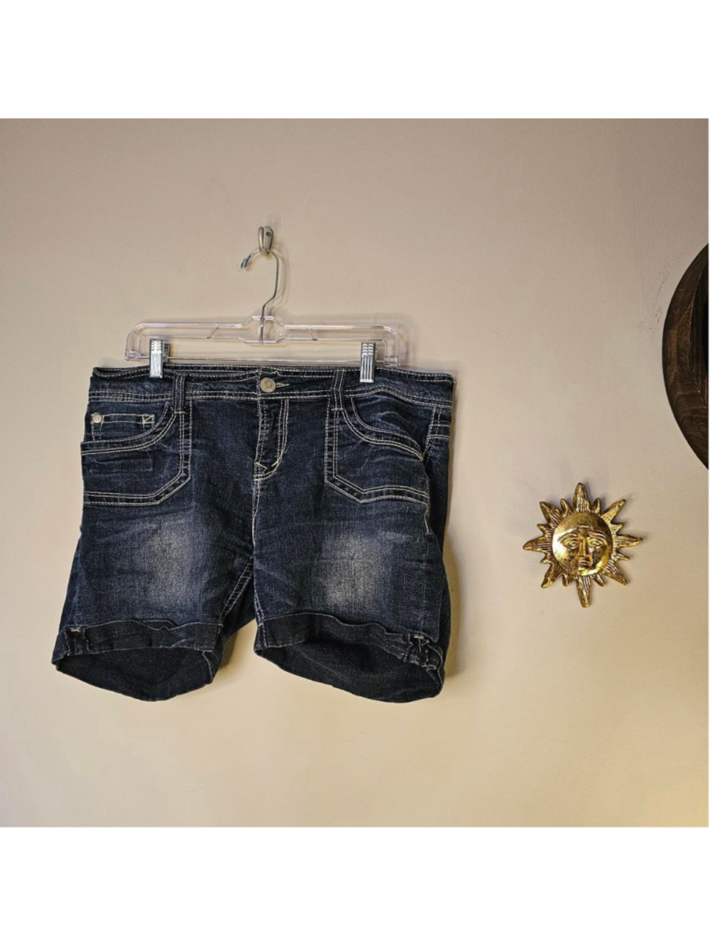 Wallflower dark wash denim shorts with white stitching and button fly
